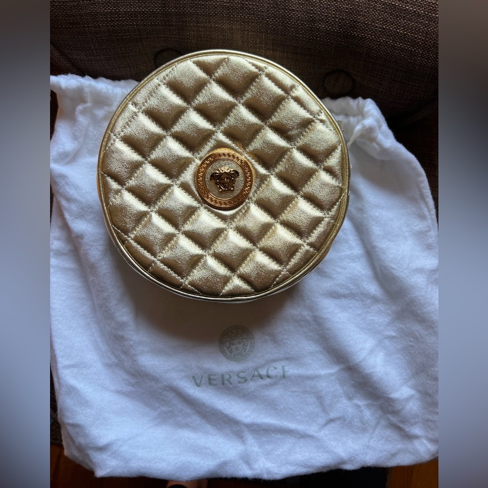 Versace Quilted Round Crossbody in Metallic Gold